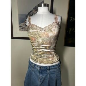 F&F Cami Tank Top OS Vintage 2000s Graphic Print Lace Trim Ribbed Camisole